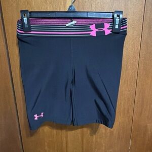 Under Armour Black Sliding Shorts with Pink Logo and Waist Stripe